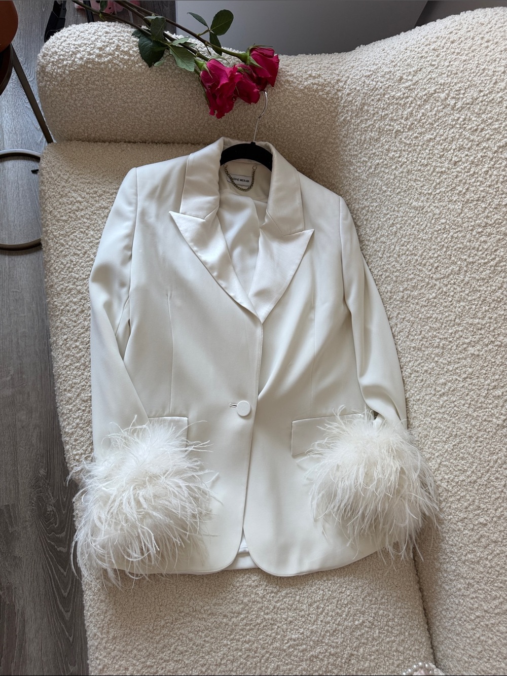 NADINE MERABI White Feather Cuff Blazer